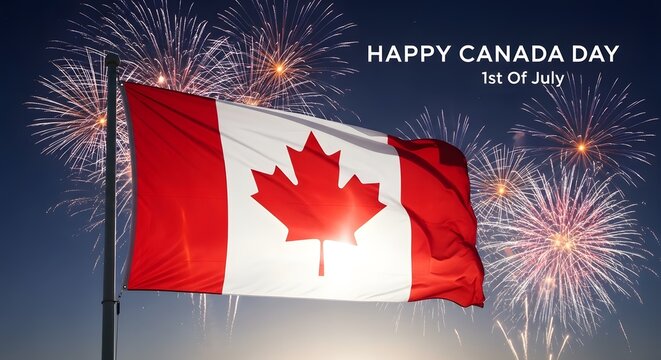 Canadian flag waving with fireworks happy canada day celebration