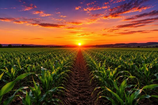 Endless rows of young green corn plants growing in field under dramatic golden sunset sky.