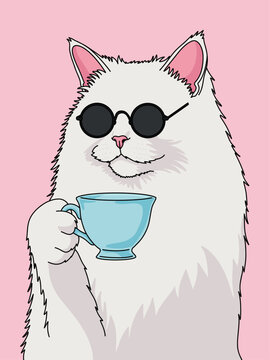 Fluffy White Cat With Sunglasses Holding A Coffee Mug Against Pink Background. Morning Attitude, Positive Monday, Spill the Tea Concept