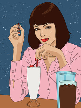 Vector Portrait of a Smiling Pretty Elegant Woman with Brown Hair and a Pink Shirt Sitting on a Bar Holding the Straw of a Shake, a Soda and a Big Glass against Night Sky with Stars