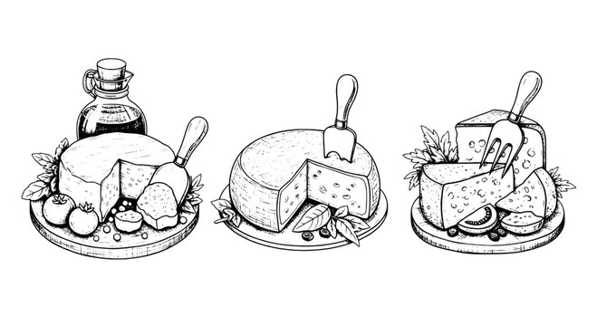 Cheese plate slice board icon set with doodle style, herbs and vegetables, hand drawn line art for kitchen menu design