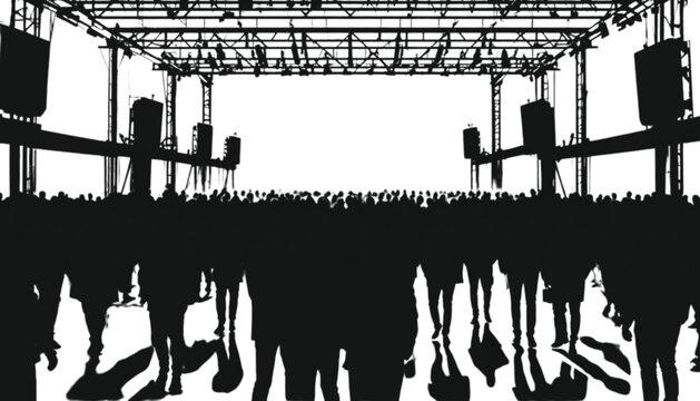 Silhouettes of a large audience facing a stage with lighting rigs and speakers at a concert.