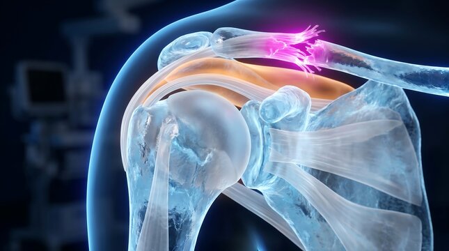 Human Shoulder Joint Anatomy with Rotator Cuff Tear, Supraspinatus Tendon Injury in Translucent Glass Medical Render