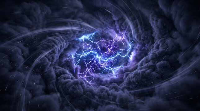Intense storm vortex with electric lightning bolts, dark swirling hurricane clouds, cosmic wormhole, atmospheric natural disaster, powerful cyclone eye, extreme weather phenomenon.