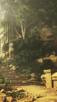 Ancient stone steps lead through a vibrant forest, framed by towering trees and overgrown foliage. A majestic guardian statue watches over the forgotten pathway, echoing tales of the past.