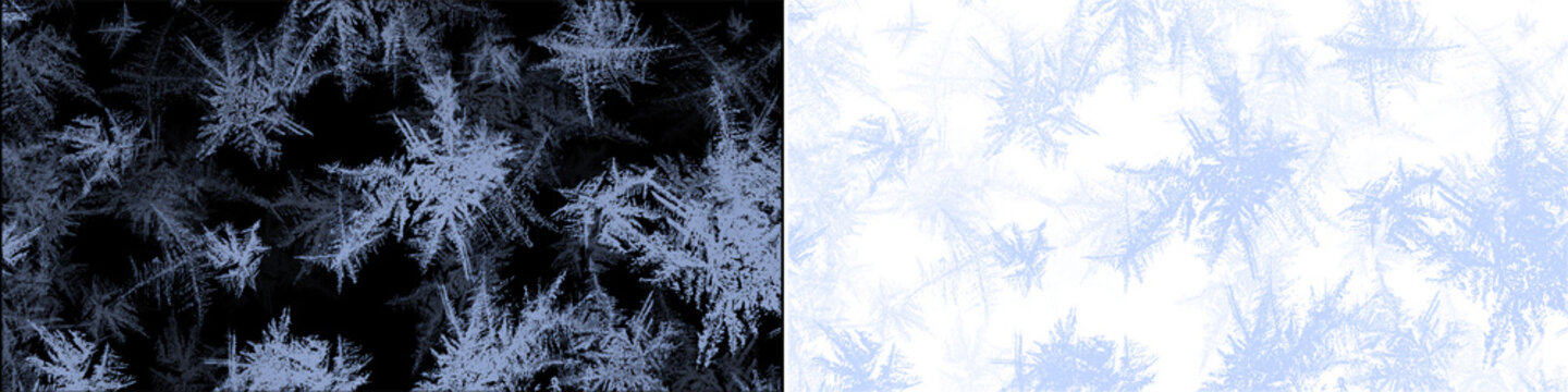 Frozen ice crystals and frost patterns on black and transparent background for winter holiday designs overlay.
