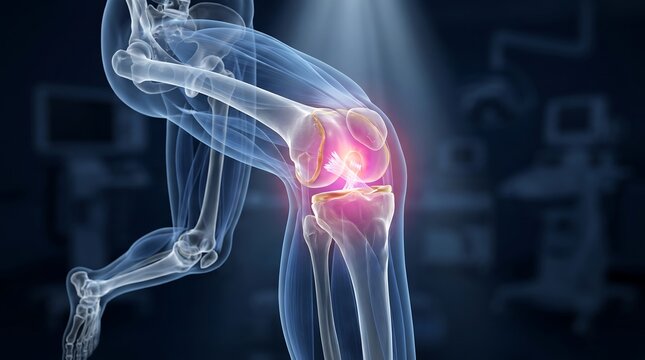 3D Human Leg Anatomy from Hip to Foot with Knee Joint Inflammation and ACL Tear in Crystal Glass Render