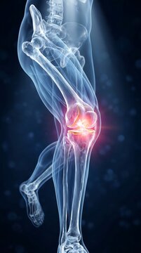 3D Human Leg Anatomy from Hip to Foot with Knee Joint Inflammation and ACL Tear in Crystal Glass Render