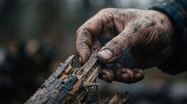 Weathered dirty hand holding splintered wet wood, close-up of manual labor, hardworking hands in nature, gritty cinematic texture, rural life, forestry, and survival concept.