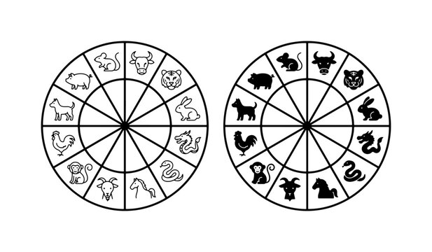 Chinese Zodiac Animals Wheel, 12 Signs Circular Chart Vector Set, Astrology Calendar Icons Collection