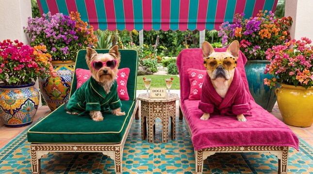 A Yorkshire Terrier and French Bulldog lounge in velvet robes on ornate sunbeds at a tropical "Dogue Spa" featuring vibrant bougainvillea and mosaic tiles.