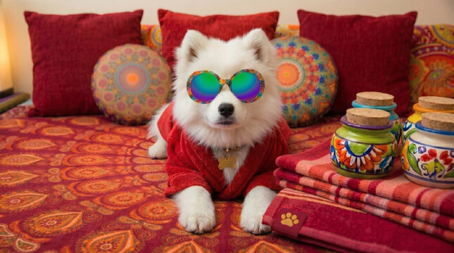 A fluffy white Samoyed dog wearing a red velvet bathrobe and colorful round sunglasses relaxes on an ornate bohemian bedspread with apothecary jars.