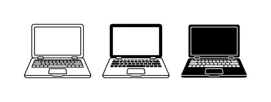 Three Laptop Computers, Vector Icons: Black, White, and Outline Styles. Digital Devices for Technology and Business Concepts.