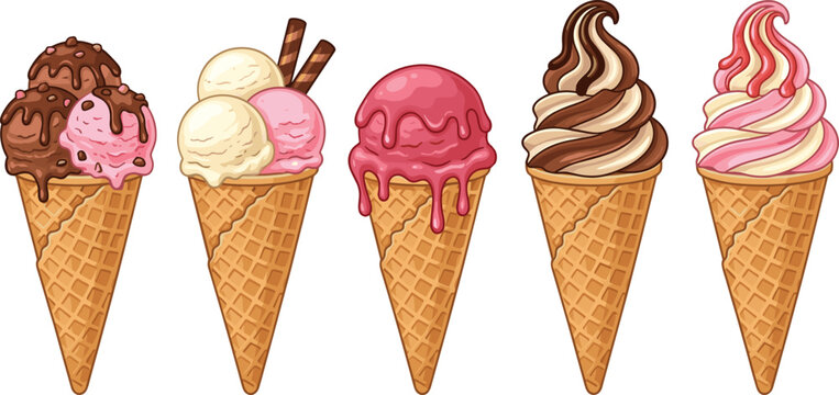 Delicious Ice Cream Cone Vector Set Featuring Creamy Soft Serve and Colorful Frozen Dessert Scoops for Summer Food Design Projects