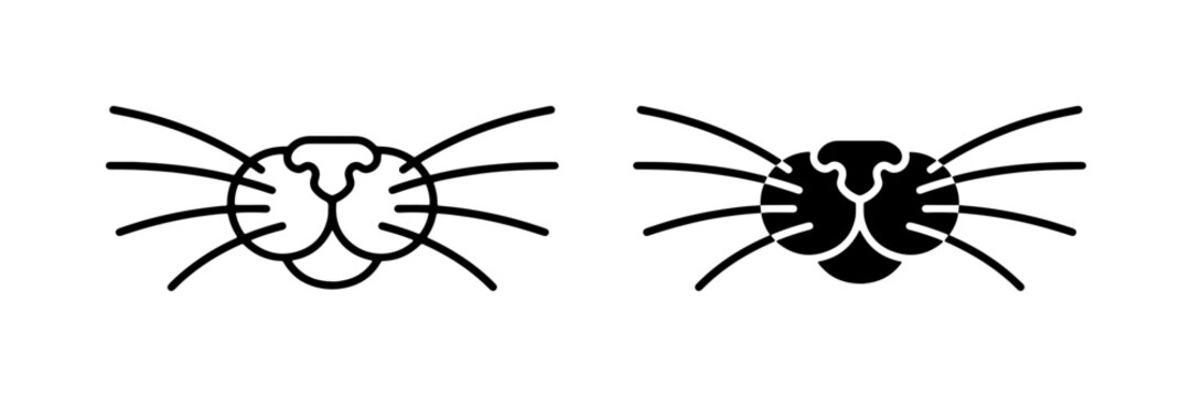 Minimalist Cat Face Icons, Outline and Silhouette Vector Graphics, Whiskers and Nose Details, Pet and Animal Symbol Set