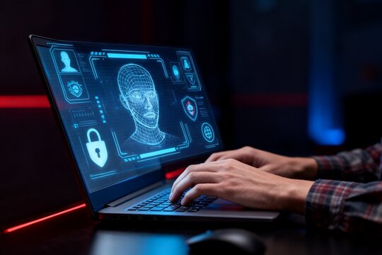 Person working on a laptop with face recognition interface
