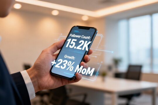 Person holding smartphone with social media stats