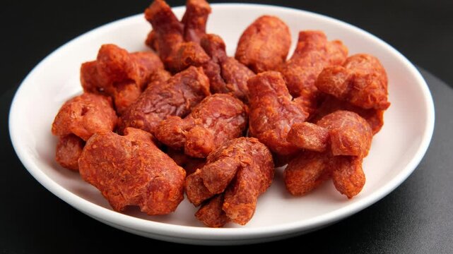 Deep fried battered red sausage, Crispy Chicken Cocktail Sausage in white plate.