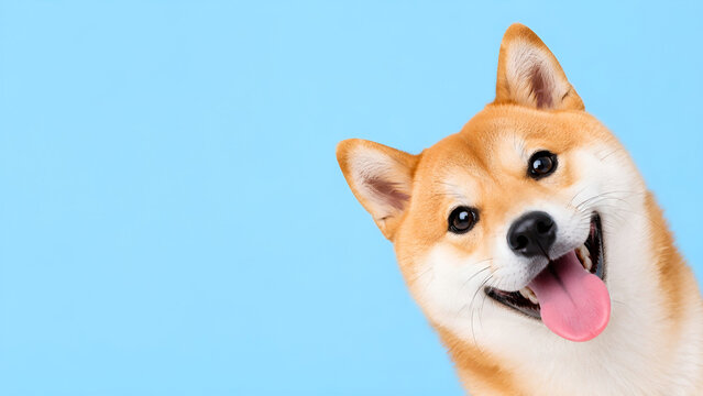 Happy smiling Shiba Inu dog peeking from corner on light blue backdrop with ample copy space for text