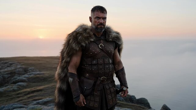 Viking Warrior Standing on Cliff at Sunrise in Dramatic Landscape