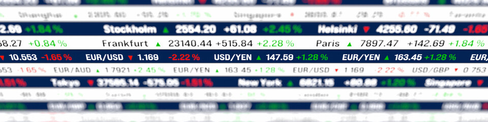 Obraz premium Stock market ticker board, global indices and currency exchange rates market data. Research, banking, financial markets, investment strategy, business, buying und selling stocks.