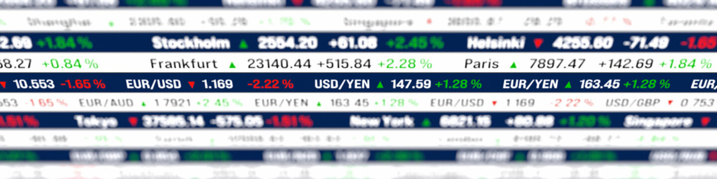 Stock market ticker board, global indices and currency exchange rates market data. Research, banking, financial markets, investment strategy, business, buying und selling stocks.