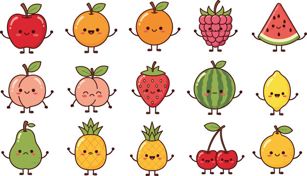 Cute kawaii fruit character vector set featuring apple orange strawberry watermelon pineapple and lemon for stickers nursery and children's design,