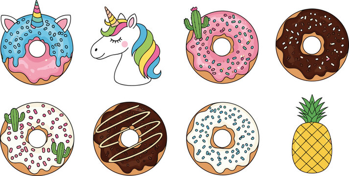 Cute cartoon donut vector set with unicorn character cactus pineapple and chocolate sprinkles for nursery stickers scrapbooking and patches