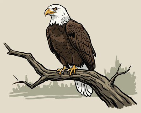 Majestic Bald Eagle Perched on a Tree Branch Illustration