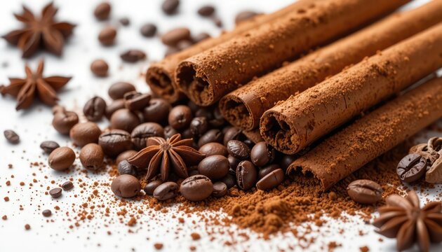 Cinnamon sticks with coffee beans and star anise in decorative culinary design representing flavor aroma creativity and modern lifestyle visuals for promotional conceptual composition