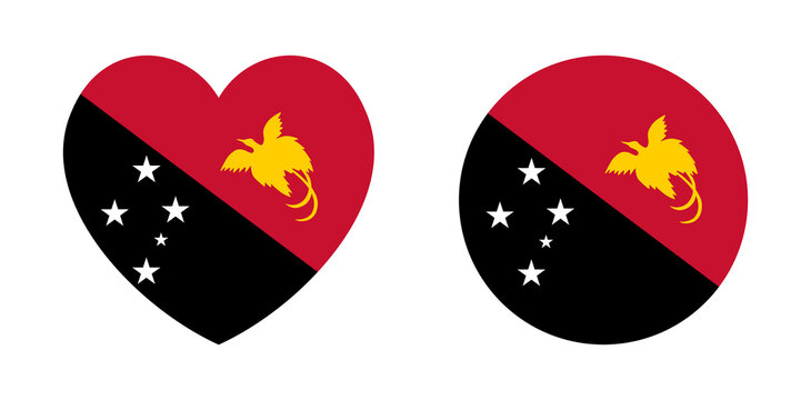 Flag of Papua New Guinea circle, heart badge, sticker. Set of National Papua New Guinea flag icon, button in round, heart shape. Civil flag Papua New Guinea, state ensign banner sign.