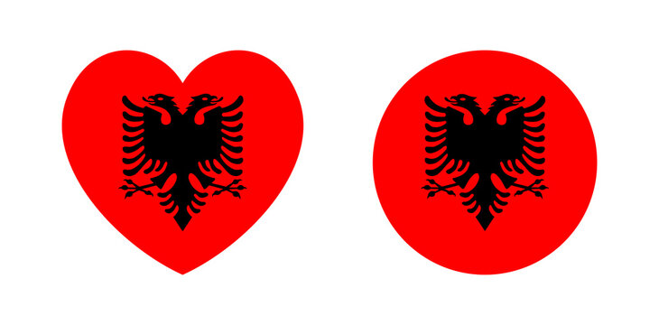 National flag of Albania. Albanian flag heart, circle icon, badge, banner. Set of sticker, button flag of Albania in round, heart shape. Flag with black double headed eagle on red field.