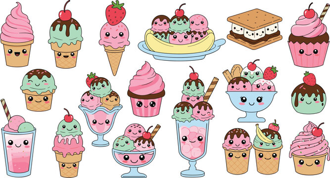 Kawaii ice cream character vector set featuring cute sundae banana split milkshake cupcake and s'mores for summer dessert stickers and nursery decor,