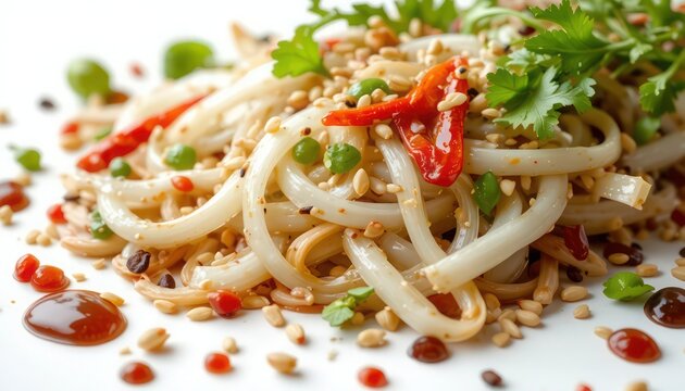 Plate of noodles garnished with sesame seeds chili and herbs in decorative culinary design representing flavor freshness creativity and modern lifestyle visuals for promotional composition