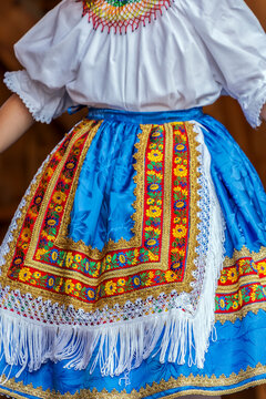 Detail of traditional Slovak folk costume worn by women of ethnic Slovakian from Banat area, Romania.