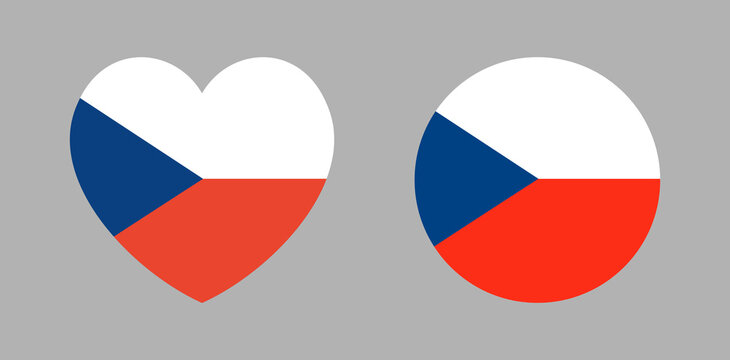 Flag of Czech Republic heart, circle icon, sticker. National Czech Republic flag heart, round, rectangular button, badge. Set of Czech flag banner, background.