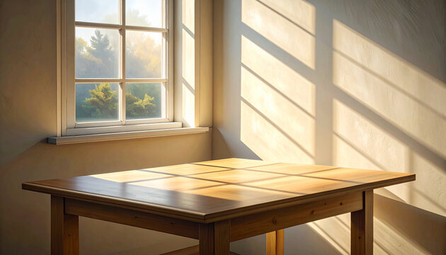 Wooden table in sunlight