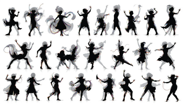Silhouetted dancers express joy and movement in a dynamic choreographed performance arrangement.