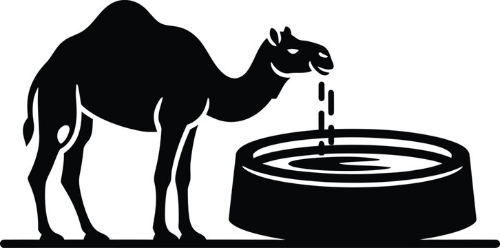 Silhouette of a camel drinking water from a trough with one hump, black and whit