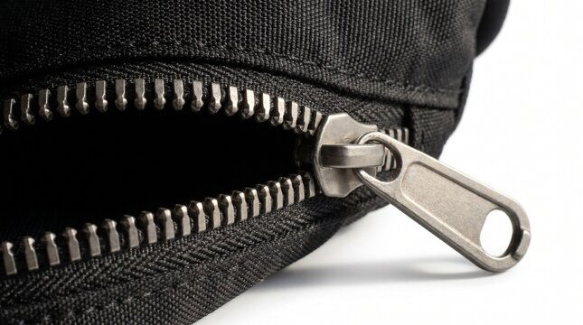 Close up of interlocking reclaimed industrial steel zipper on premium student backpack isolated on white background for sustainable fashion concept
