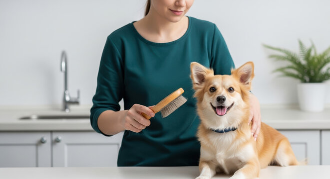 Young adult brushing pet dog at home with joyful expression in a bright kitchen setting