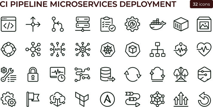 CI pipeline microservices deployment line icon set for devops dashboard ui cloud automation and infrastructure management