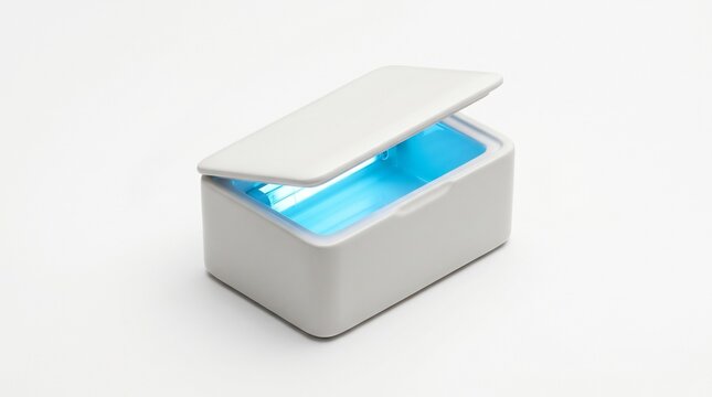 Matte white stationery UVC sterilization box partially open to reveal intense blue ultraviolet light glow for disinfecting personal items on white background