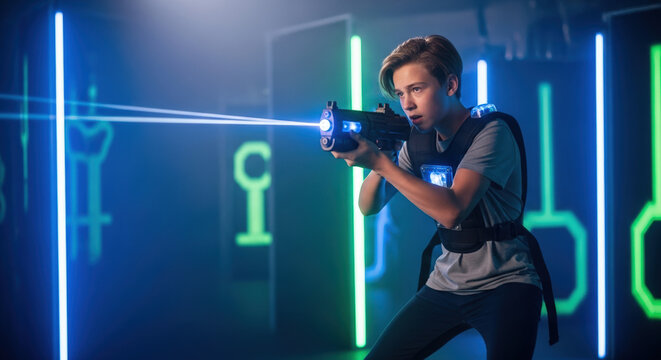 Teenager engaged in laser tag game aiming with laser gun in neon-lit arena