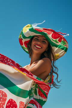 Stylish woman wearing a colorful strawberry print scarf and sun hat against a vivid blue sky. Contemporary summer fashion concept for travel advertising, beach campaigns, and resort editorials.