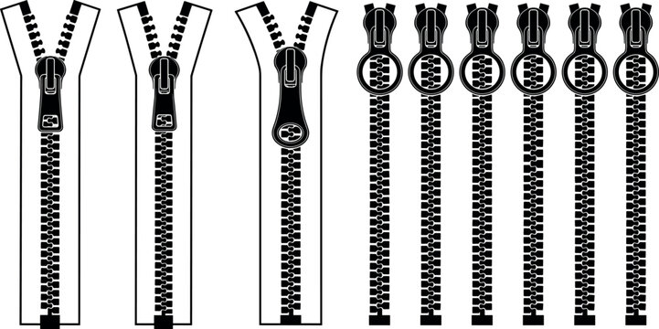 Set of 12 Zipper Vector Illustrations Featuring Open, Closed, and Different Styles for Fashion and Clothing Design