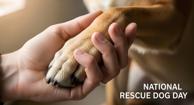 A human hand gently holds a dog's paw for National Rescue Dog Day.
