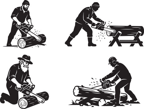 A lumberjack using a chainsaw to cut a log depicted in a stark black and white silhouette