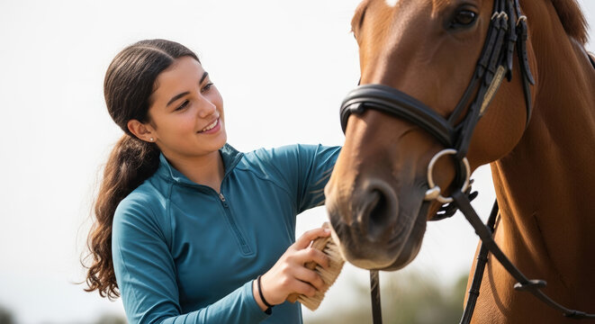 Teen girl grooming horse with bridle in outdoor setting under soft natural light