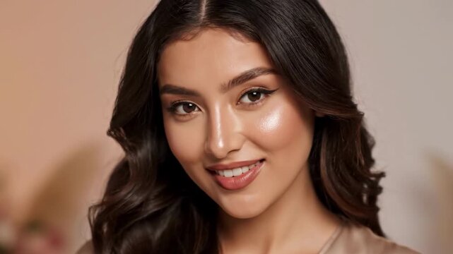 A serene and elegant woman with glowing skin and wavy hair looks directly at the camera, exuding a sense of confidence and sophistication.